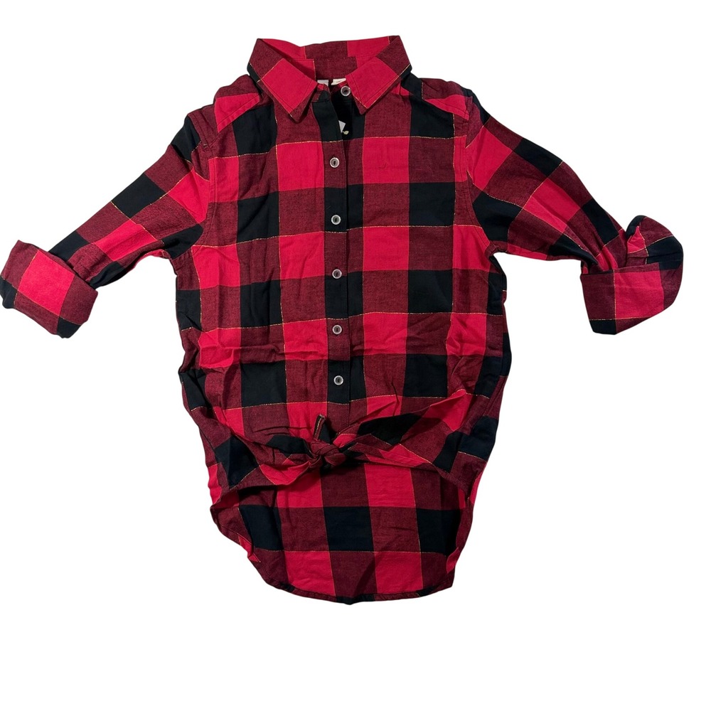 SO Girls Red Black Buffalo Check Flannel Tunic Shirt Gold Metallic Size M 8 NWT